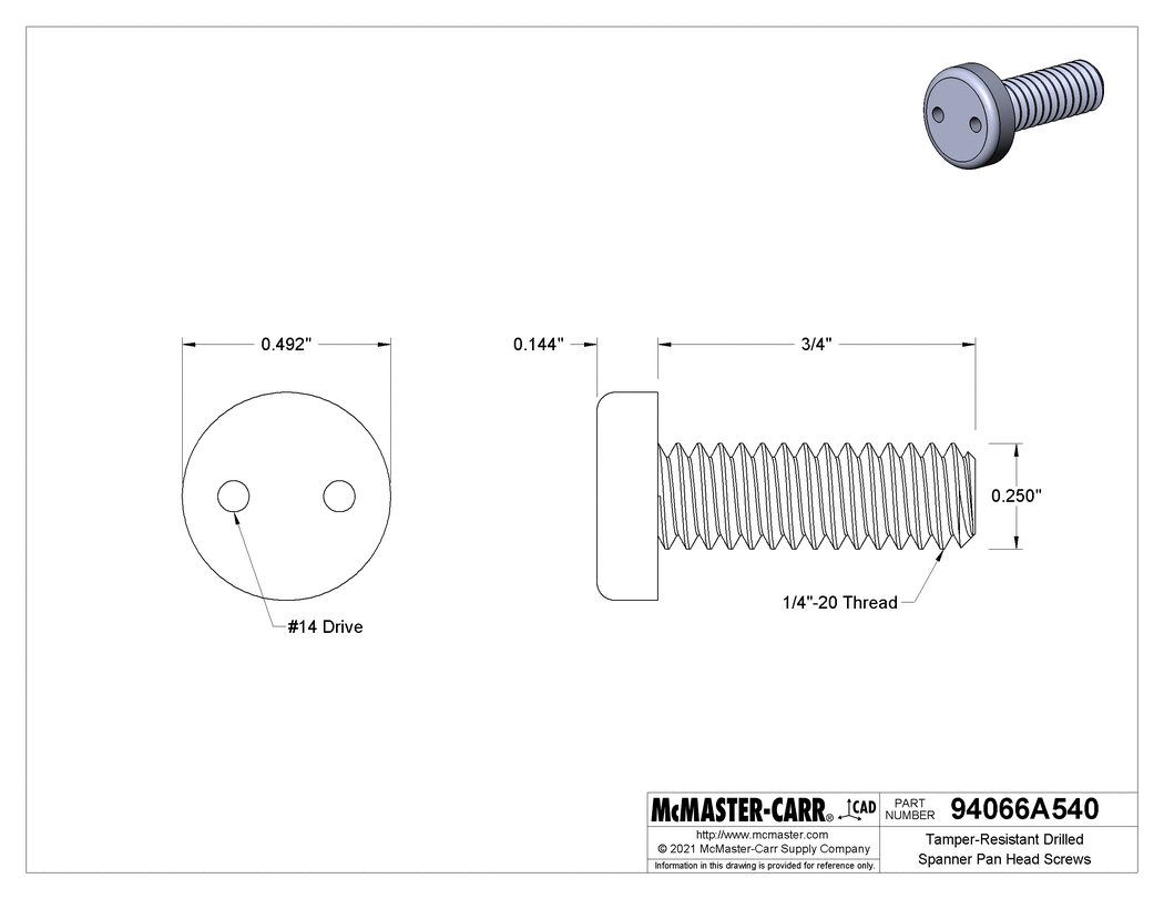 Technical Drawing of Tamper-Resistant Drilled Spanner Pan Head Screws, 1/4"-20 Thread Size, 3/4" Long.
